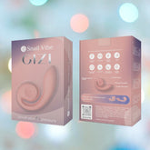 Packaging for the Snail Vibe Gizi G-Spot Stimulator (Peachy Pink), a dual stimulation device from Snail Vibe with dual motors. The front features an image of the product, while the back displays icons illustrating its G-Spot stimulator functions and usage instructions. The background is a soft gradient with circular light effects.